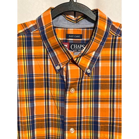 Chaps Mens Plaid Button-Down Shirt Size L Orange/Blue Short Sleeve Easy Care Cot - Picture 9 of 9